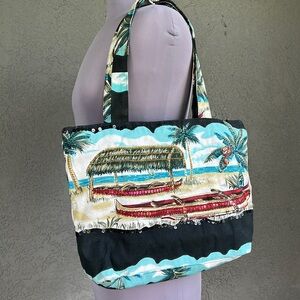 Bedazzled Beach Bag! Sequined & Beaded on one side - beach and outriggers scene